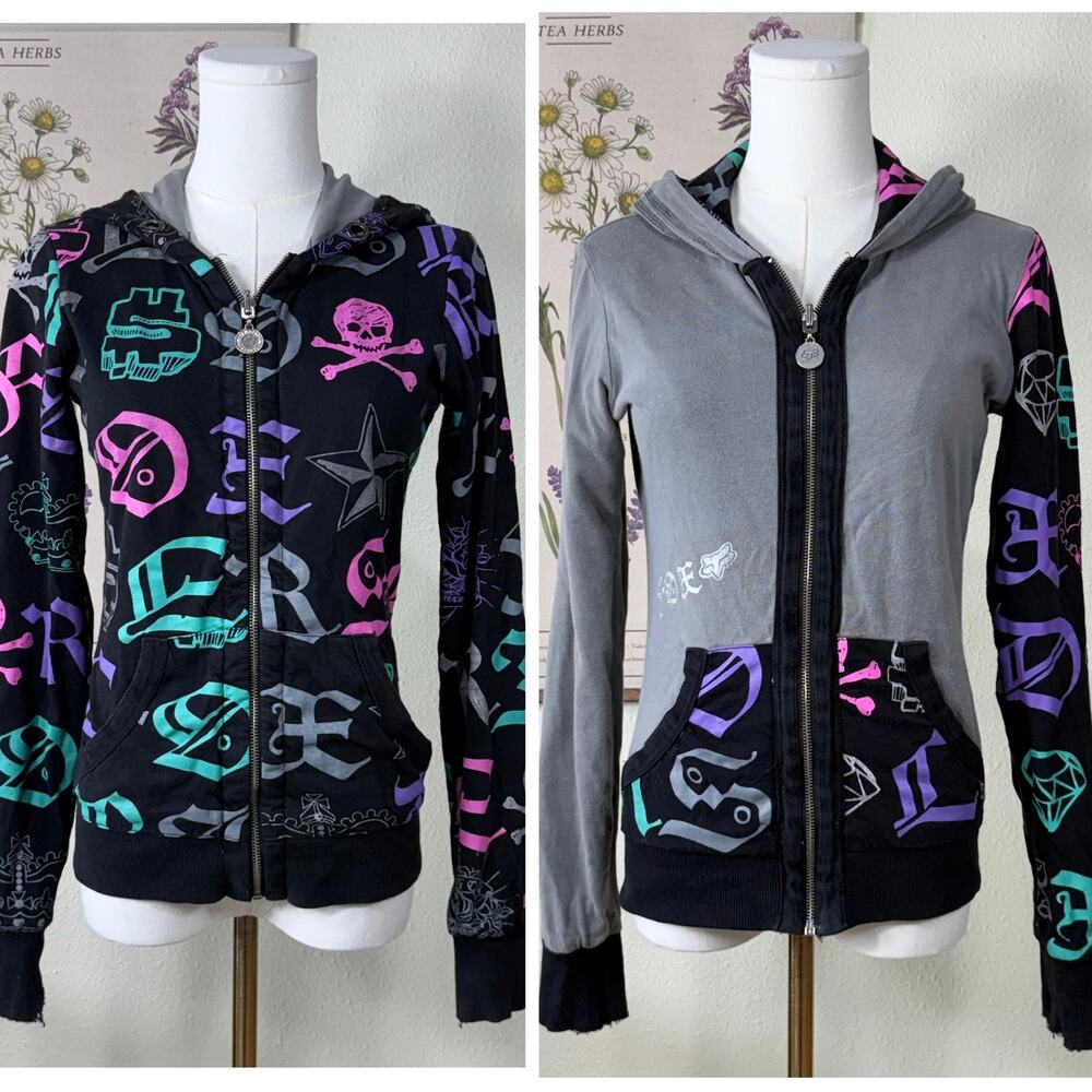 Y2k Fox Racing Full Zip Graphic Reversible Hoodie Jacket Grunge Emo Skater S - Picture 1 of 16